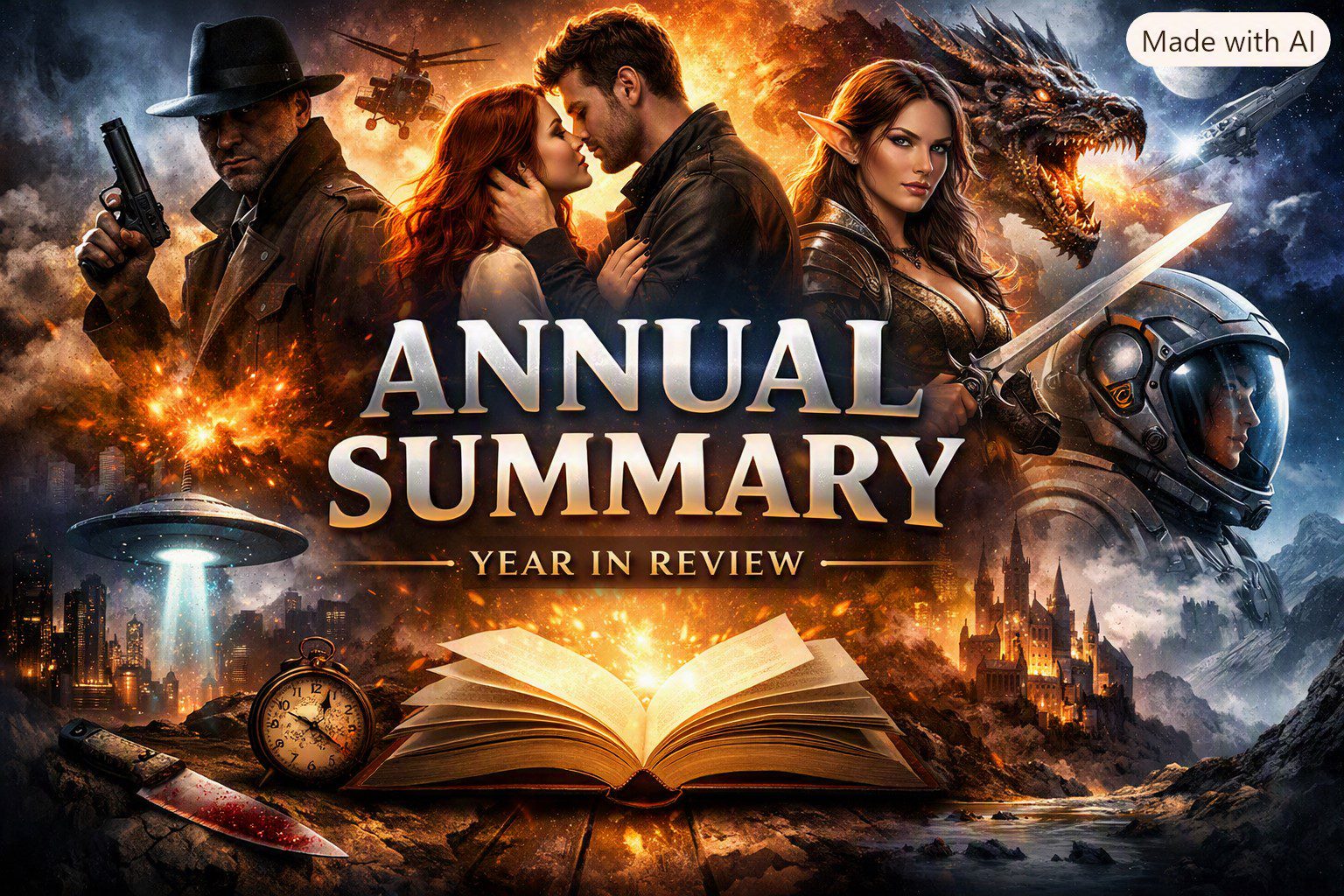 Picture represents annual simmary of short stories presented on 10min-stories.com from categories: Thriller, Romance, Sci-fi and Fantasy